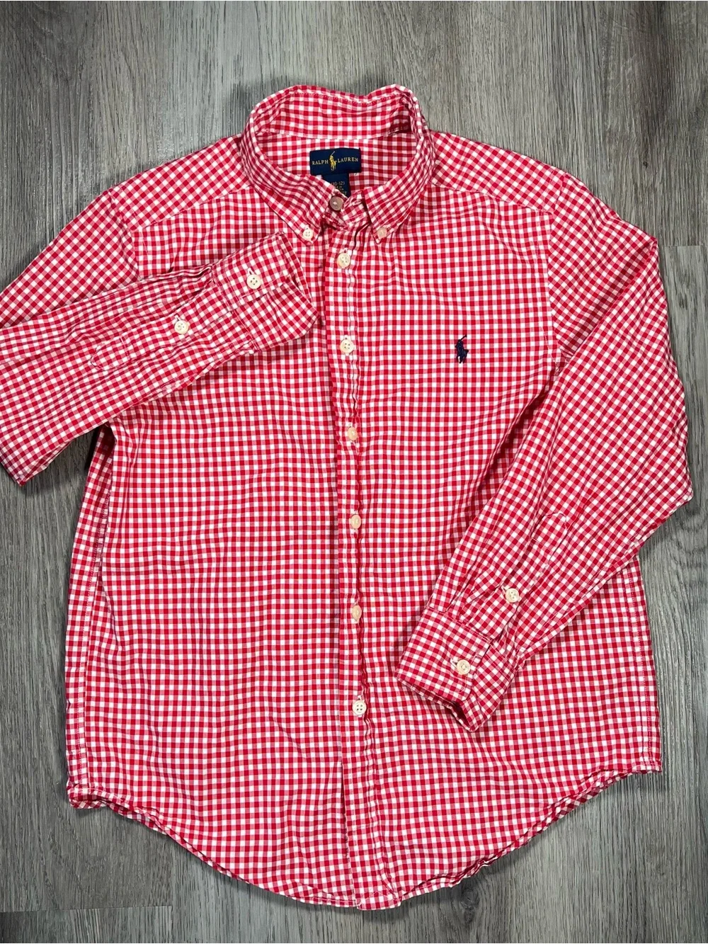 Ralph Lauren Boys Gingham Check Button Down Dress Shirt Long Sleeve M 10-12 Red